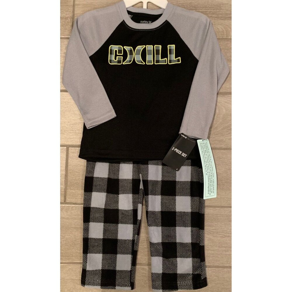 NEW HURLEY Boys Pajamas Two Piece SET Size 4 Chill logo Soft Black Gray PJ’s